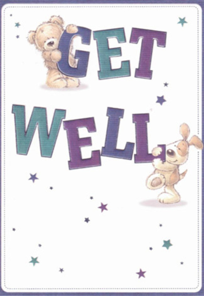 Evoking the heartwarming care found in Manor House's community, this get well card is a visual testament to gentle encouragement and affection. Two cheerful friends-a snuggly bear with soft, caramel-coloured fur and a floppy-eared puppy-stand amidst swirling clusters of stars, their bright faces imbued with hope. The design draws in the eye with confident, oversized typography shaded in vibrant aquas and regal purples, radiating outwards from the centre in an energetic gesture of support. There's a textural depth to the scene: the bear's fur looks utterly soft and inviting; the puppy's velvety ears add a sense of comfort as real as a reassuring hug. The playful scattering of blue and lavender stars feels like goodwill drifting through the local air-perhaps over the Manor House crossroads or nearby parks-carrying sincere wishes for strength and healing. As a local florist might arrange a thoughtful bouquet for a neighbour in recovery, every element of this card has been composed with devotion and heart, making it a perfect companion to a fresh floral gift for someone's bedside or recovery table.